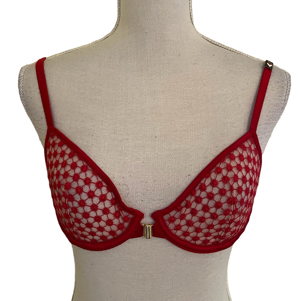 Victoria's Secret Red "Starburst" Front Hook Sheer Demi Bra 32D